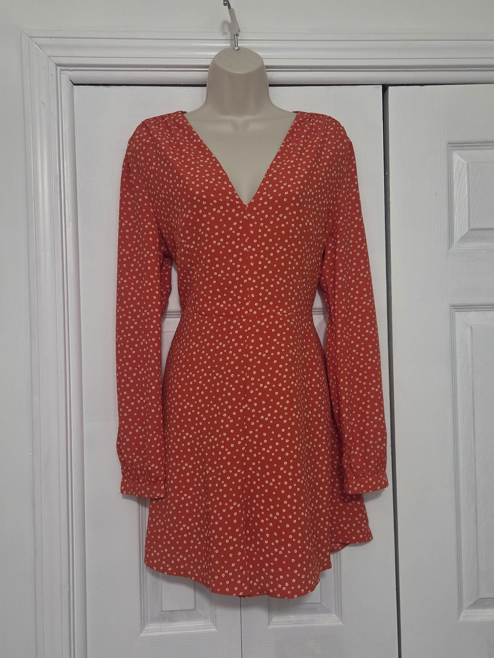 Red Polka Dot Long-Sleeve V-Neck Dress